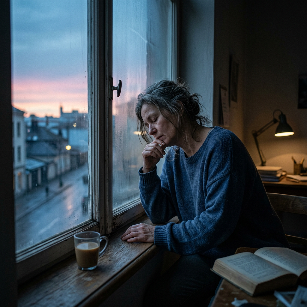 Woman in blue sweater sitting by window, looking thoughtful with coffee and open book