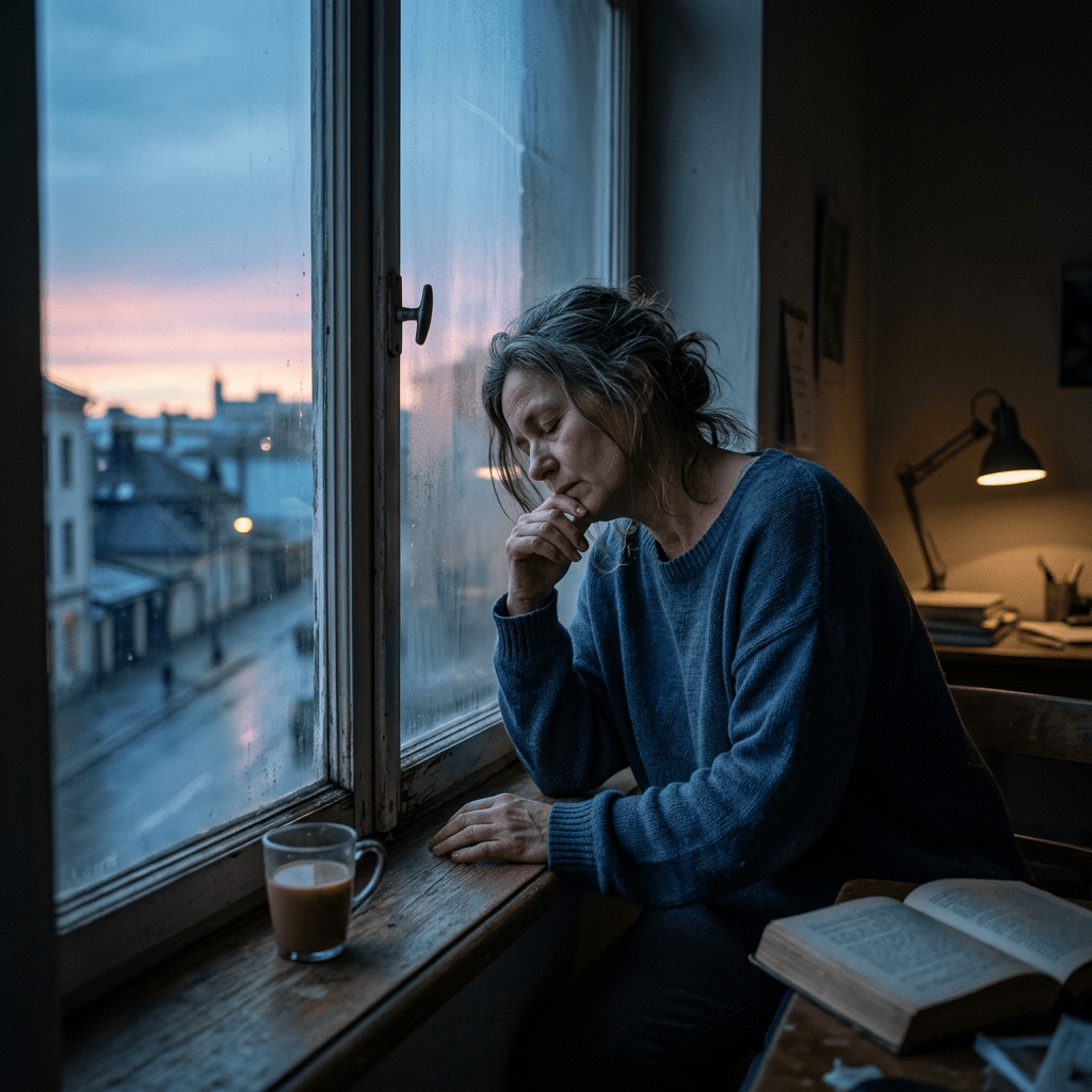 Woman in blue sweater sitting by window, looking thoughtful with coffee and open book