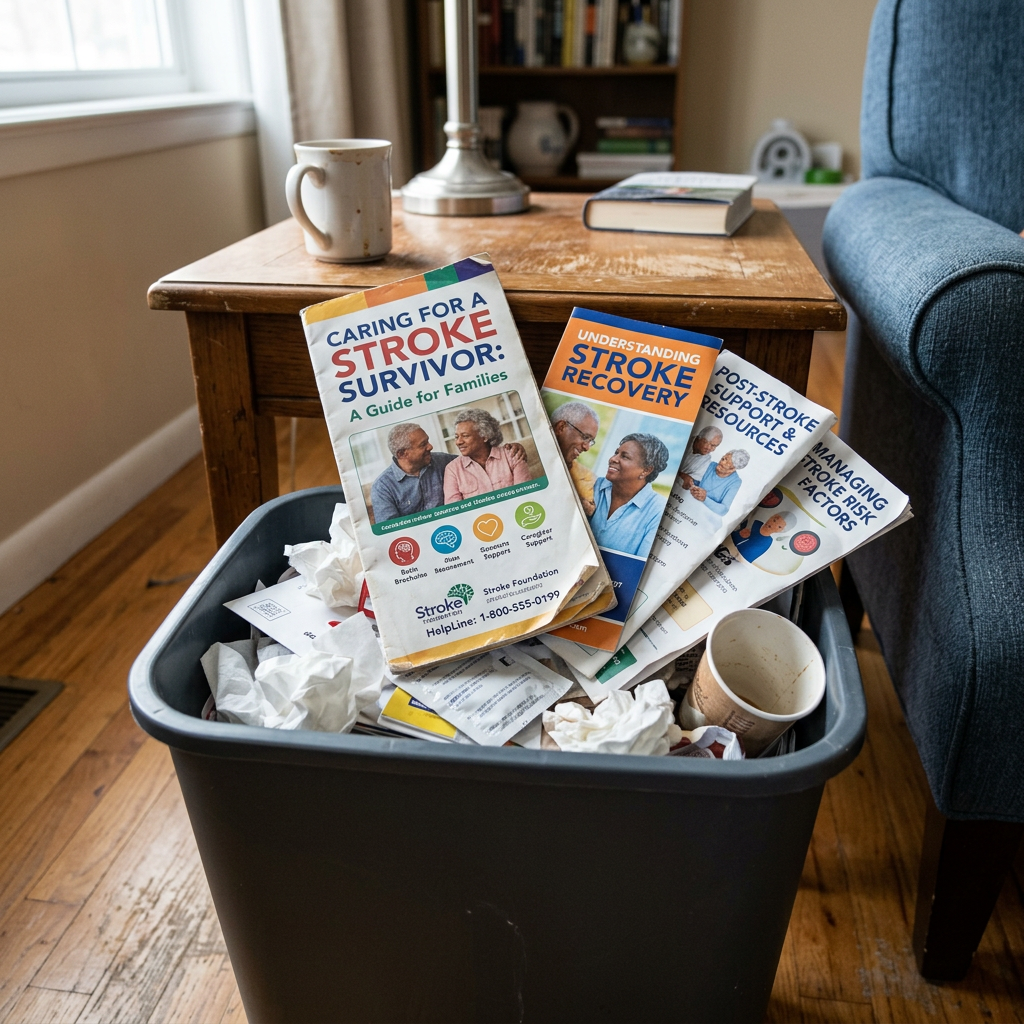 Stroke survivor guide brochures discarded in a trash bin filled with crumpled tissues and a disposable cup
